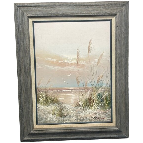 panting beach seascape wood framed wall art work nature signed grass birds READ
